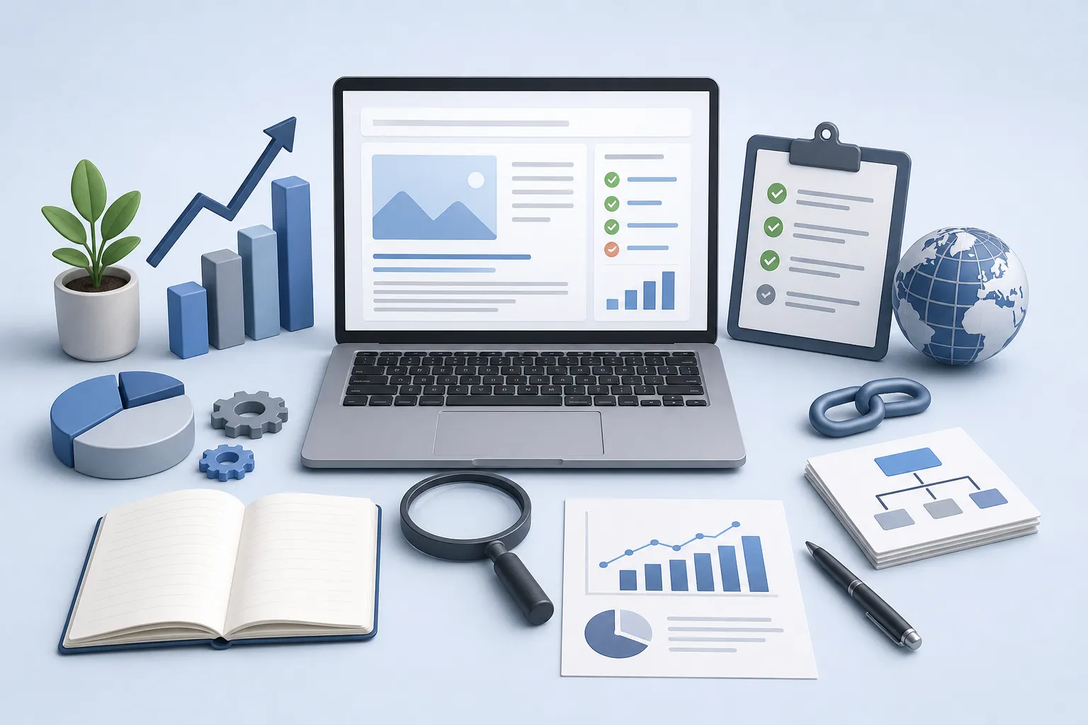 Ноутбук с SEO-отчётом, лупа, графики и план работ