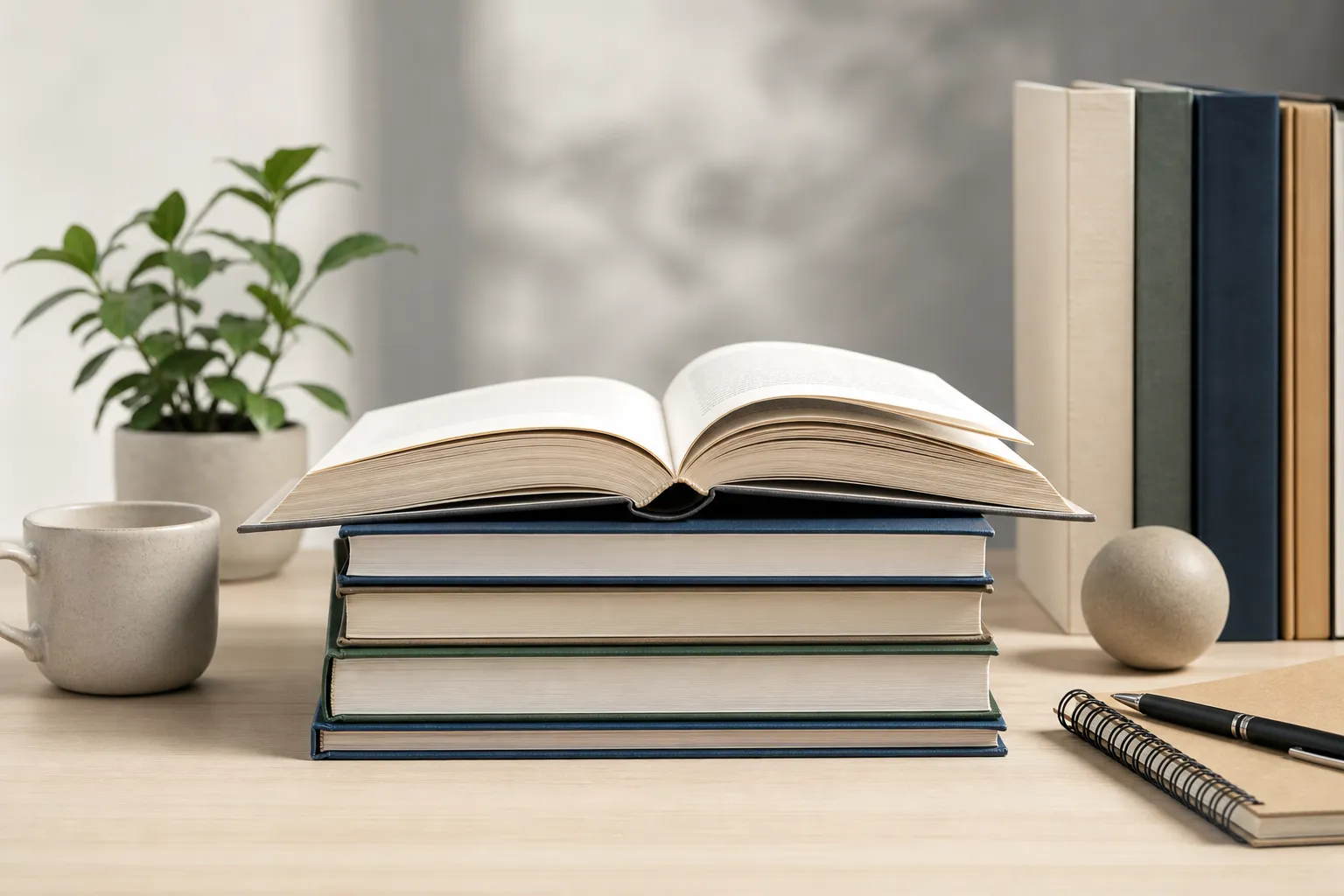 Открытая книга на стопке рядом с блокнотом и полкой