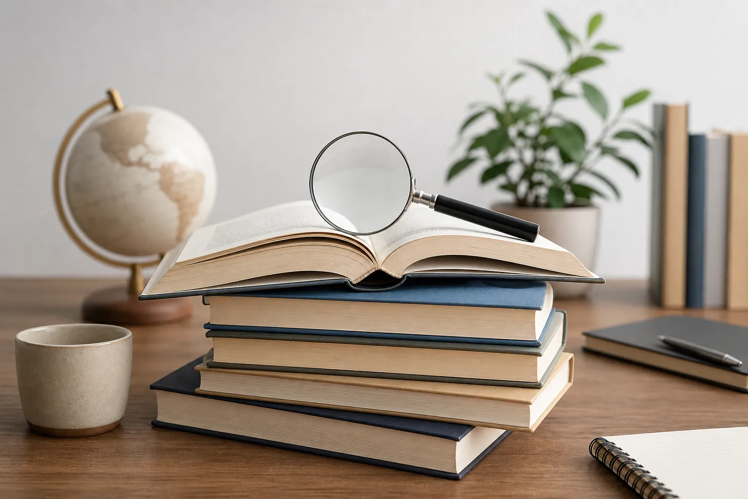 Открытая книга и лупа рядом с глобусом и блокнотом