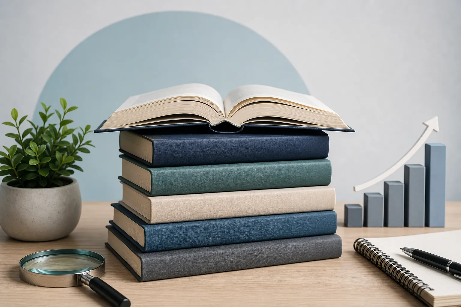 Стопка книг с открытым томом, лупой и графиком роста