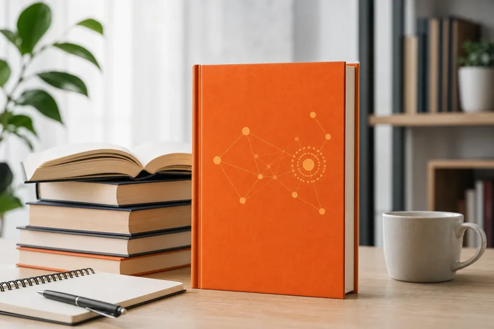 Оранжевая книга рядом с открытым томом и блокнотом
